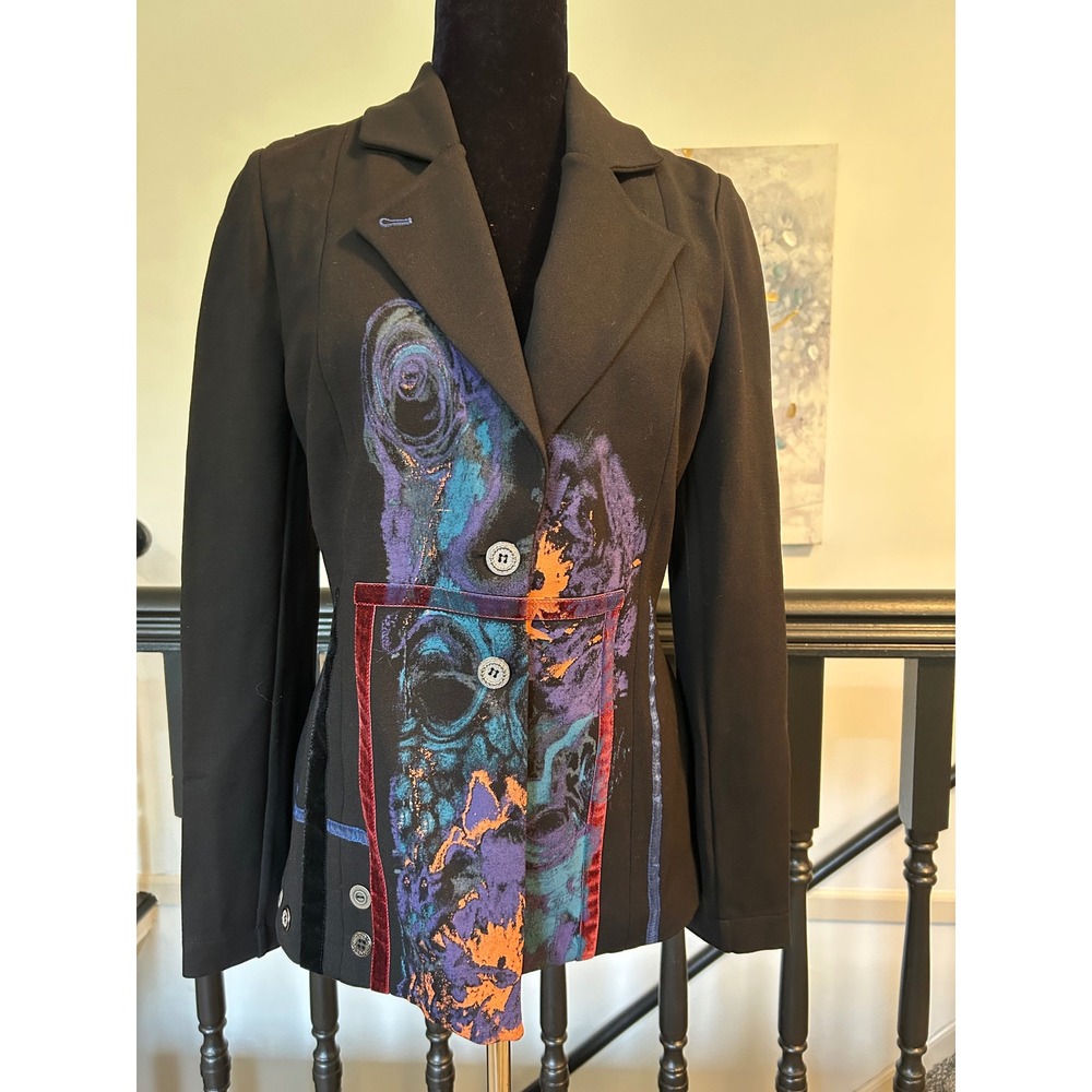 Tricotto Womens Black Abstract Print Velvet Trim Blazer Jacket Size M